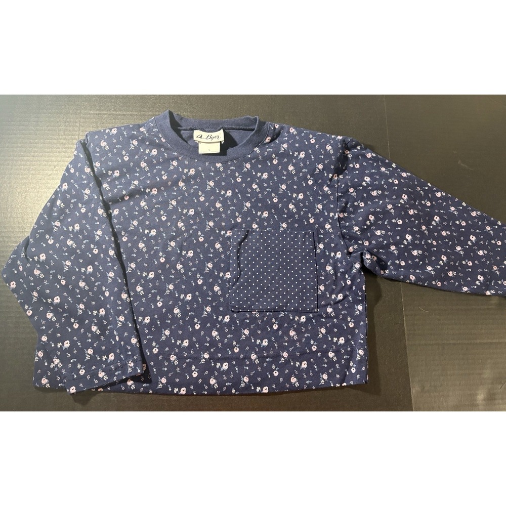Vtg 90s A. Byer Womens Blue Floral Pullover Sweatshirt Crewneck Long Sleeve crop